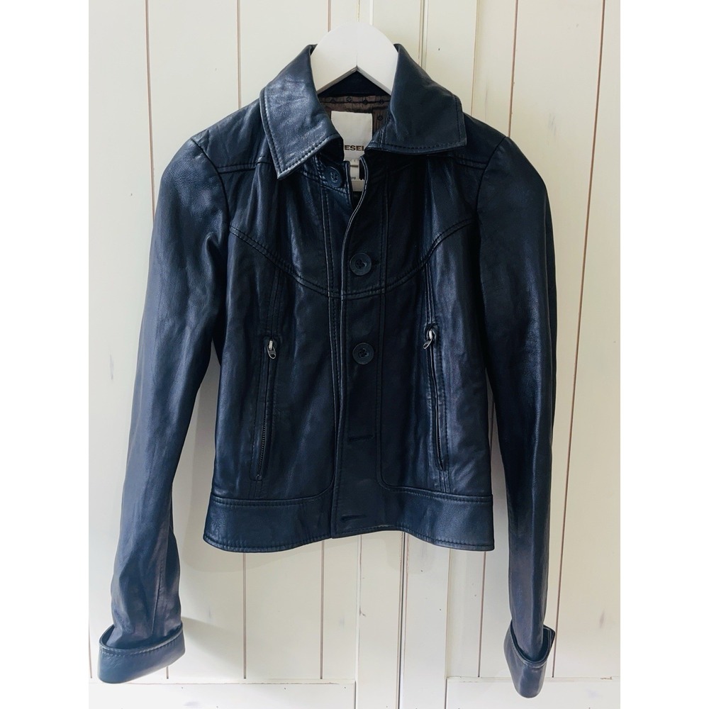VTG Diesel Women's Black 100% Lamb Soft Leather Moto Biker Jacket Small Harley